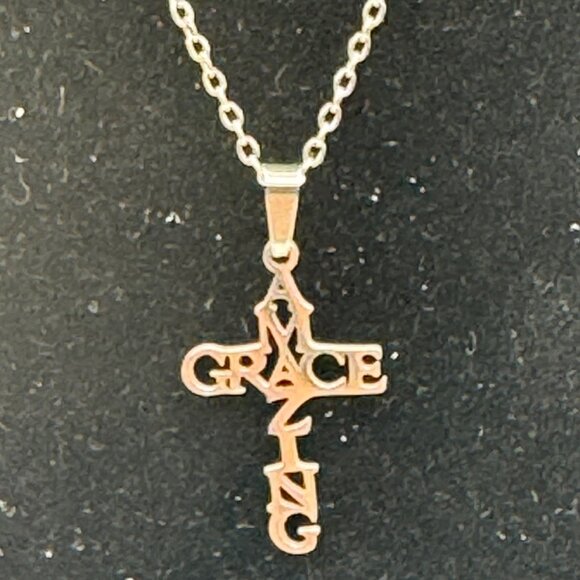 Amazing Grace Cross Pendant Necklace Stainless Steel Adjustable Chain Meaningful - Picture 1 of 3